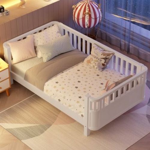Twin Wood Platform Bed Daybed with Safety Rails, Sofa Bed Low Profile Toddler Bed Frame, White - ModernLuxe