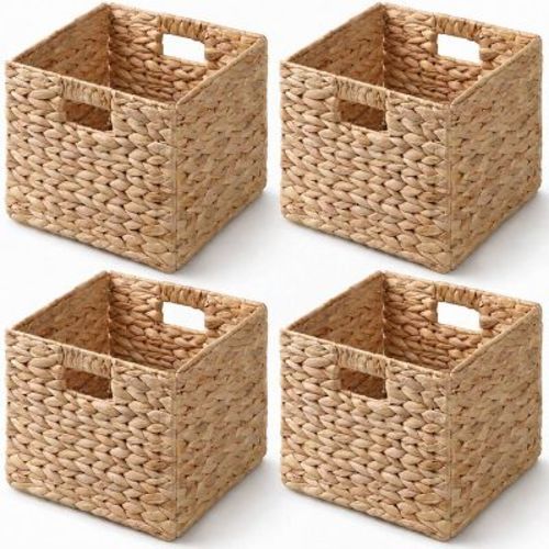 SOL HOME Set of 4 Square Water Hyacinth Folding Decorative Storage Baskets for Closet and Cabinets