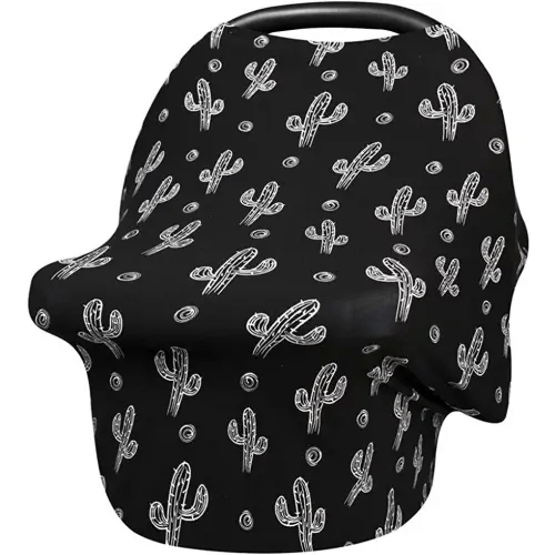 Metplus Baby Car Seat Cover, Infant Carseat Canopy, Nursing Breastfeeding Cover, Stretchy Carrier Covers for Stroller/Shopping Cart, Newborn Registry & Shower Gift for Boys Girls - Black Cactus