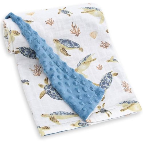 LifeTree Baby Blankets for Boys Girls, Soft Double Layer Swaddle Blankets, Muslin Front and Dotted Fleece Backing Receiving Bed Throw Blanket for Newborn Unisex, 31X40 Inches, Seaturtle