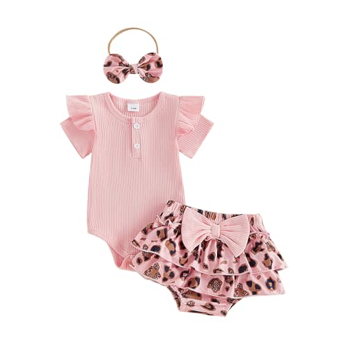 fhutpw Newborn Baby Girl Clothes Ribbed Sleeve Romper Top Leopard Ruffle Shorts Bow Headband Infant Summer Outfits 0-18M