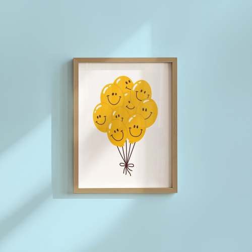 Balloon Smiley Vertical Art Print - Yellow (12 x 18 - Oak Frame)