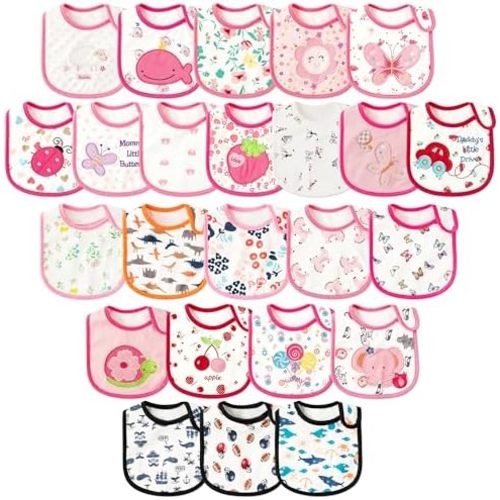 Cotton Waterproof Baby Bibs - 24Pcs Adjustable Hook Loop Closure Bib for Feeding Teething Drooling Eating, 6-12 Months