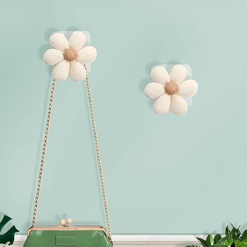 2 Pack Adhesive Wall Hooks Flower Wooden Towel Coat Sticky Hooks for Bathroom Shower Kitchen (Beige)