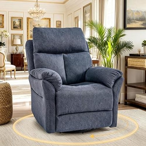 Oversized Rocker Recliner Chair, Manual Swivel Rocking Recliners with Adjustable Backrest Footrest for Adults, 360° Swivel Lazy Boy Recliner Chairs for Living Room, Reading, Bedroom, Blue