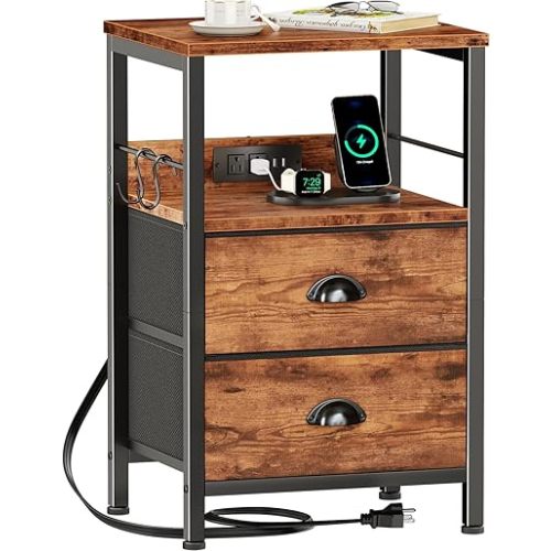 Furologee End Table with Charging Station, Nightstand with Fabric Drawers, Side Table with USB Ports & Outlets, Night Stand with Storage Shelf & Hooks, for Living Room/Bedroom, Rustic Brown