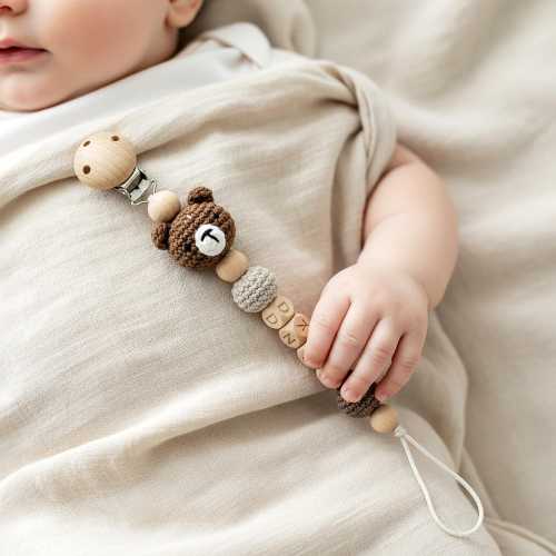 Personalized Pacifier Clip with Crochet Animal – Custom Name Wooden Dummy Soother Holder for Newborn Baby