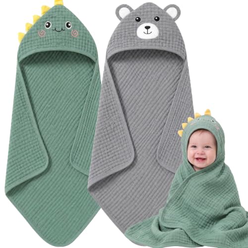 4 PCS Muslin Baby Bath Towels Set for Boys & Girls, Dinosaur & Bear | 2 PCS Animal Hooded Baby Towels 32×32'', 2 PCS Washcloths 10×10'', 100% Cotton Absorbent Soft, Infant Newborn Essentials Gift