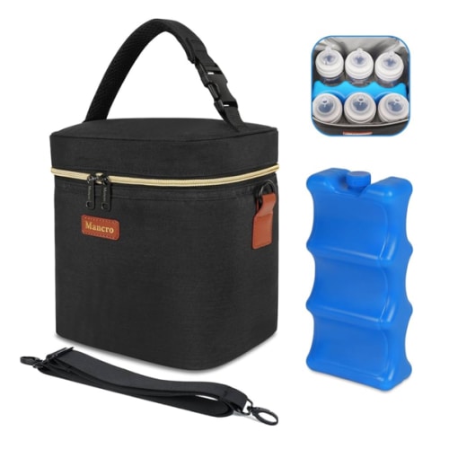 Mancro Breastmilk Cooler Bag with Ice Pack, Fits 6 Baby Bottles Up to 9 Ounce Insulated Baby Bottle Bag, Breast Milk Cooler on The go with Strap, Bottle Storage Bag for Nursing Mom Daycare, Black