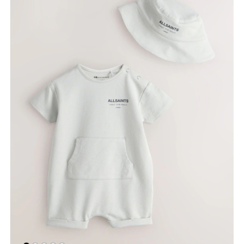 ALLSAINTS Light Grey Underground Short Sleeve Baby Boys Romper and Hat Set from Next USA