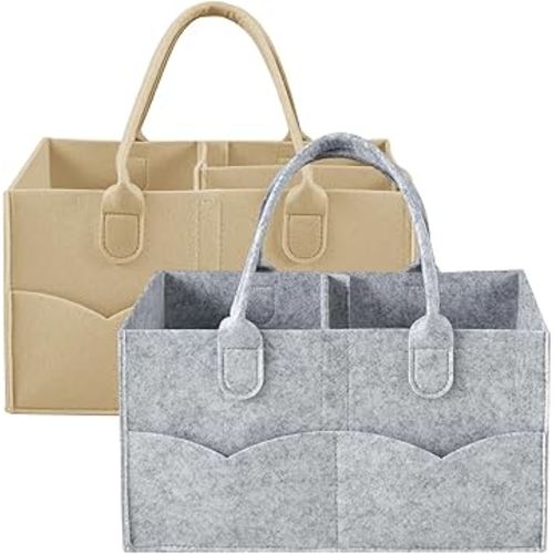 PandaEar 2 Pack Baby Diaper Caddy Organizer, Portable Diaper Holder Nursery Storage Basket for Wipes & baby stuff, Collapsible Baby Organizers with Divided Design (Grey/Brown)