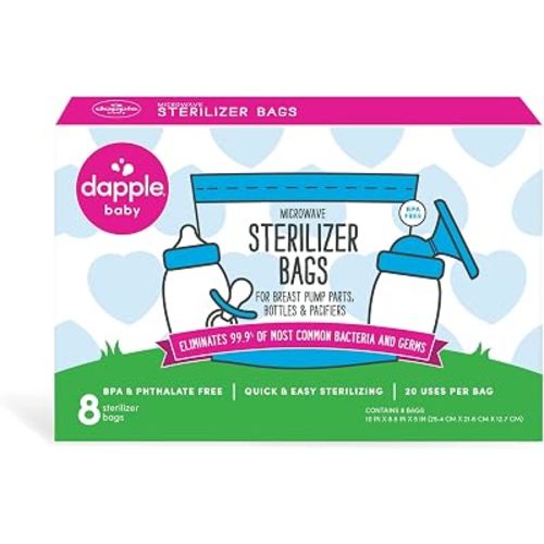 Dapple Baby Microwave Sterilizer Bags, Reusable for Breast Pump Parts & Baby Bottle, 20 Uses Per Bag, Great for Travel & Office, 8 Count (Pack of 1)