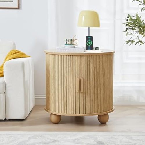 Fluted Round End Table with Charging Station, 24" Large Farmhouse Sofa Side Table with Sliding Tambour Door & Storage, Boho Wood Nightstands for Living Room, Bedroom (Natural)