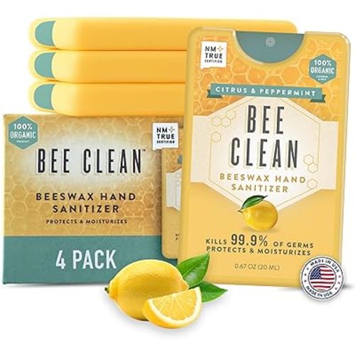 4-Pack Citrus Peppermint Hand Sanitizer Spray - Travel Size Mist with Organic Ethyl Alcohol, Beeswax - Moisturizing with Essential Oils, Non-Toxic, Made in USA