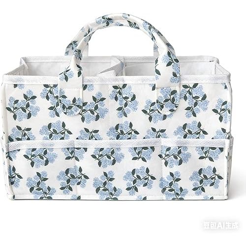 Floral Diaper Caddy Organizer with Removable Dividers Blue Flower Baby Nappy Caddy for Nursery/Car/Changing Table, Decorative Storage for Newborn Essentials Gift for New Mom