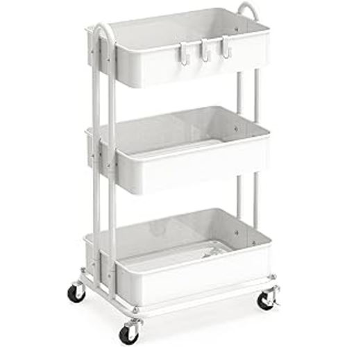 Simple Houseware 3-Tier Heavy Duty Metal Utility Rolling Cart, White