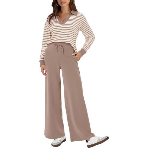 Glamaker Women's 2 Piece Sets Outfits Casual Long Sleeve Sweatsuits Polo Top and Wide Leg Pants Matching Sets