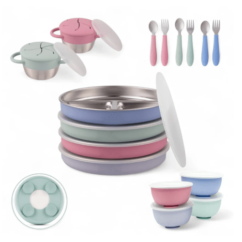 Stainless Steel Mealtime Bundle | Sucton Sleeves | Plates, Bowls, Snack Cups + Toddler Utensils | 16 Pcs | Blush/Lilac/Sage/MistyBlue