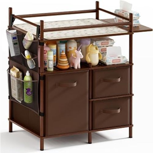 Amazer Baby Changing Table, Bamboo Baby Dresser Table with Flat Top, Diaper Changing Station with 3 Removable Storage Drawers, Large Storage Nursery Organizer Shelves with Pad, Mesh Pocket