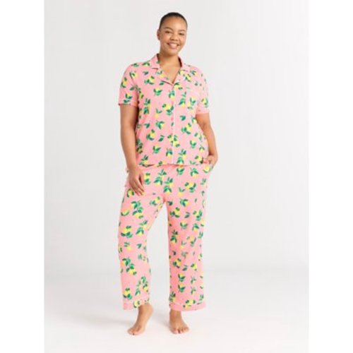 Joyspun Women's Dreamy Soft Collection Notch Collar Short Sleeve Knit Top & Capri Pajama Set, 2-Piece, Sizes XS-3X