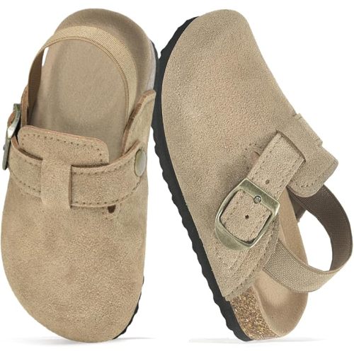 Toddler Boys Girls Clogs Cute Mules Shoes Suede Cork Sandals with Adjustable Buckle Slip-On Slide Slippers