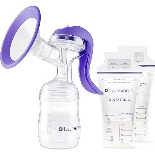 Lansinoh Every Drop Counts Gift Set Includes Manual Breast Pump and 200ct Breastmilk Storage Bags, Breastfeeding Essentials, Fast Freeze & Thaw Breast Milk Bags, Superior Strength, 6oz