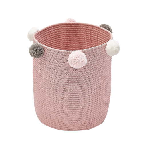 Round Storage Container Sundries Bucket with Pom Decor Cotton Clothes Laundry Hamper Dustproof Basket (Pink)