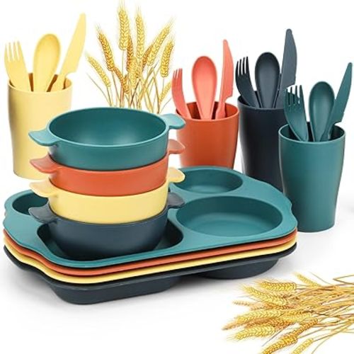 24 PCS Wheat Straw Dinnerware Set for Kids Toddler Plate Bowl Cup Set Unbreakable BPA-Free Tableware Set with Divided Plate Microwave Dishwasher Safe Perfect for Home School Picnics