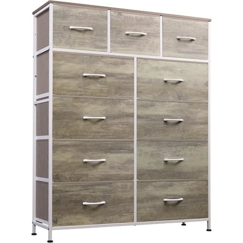 WLIVE Storage Organizer Unit with 11 Fabric Bins, Storage Drawers Organizer with Steel Frame, Tall Storage Tower Organizaton for Living Room, Hallway, Office, Greige