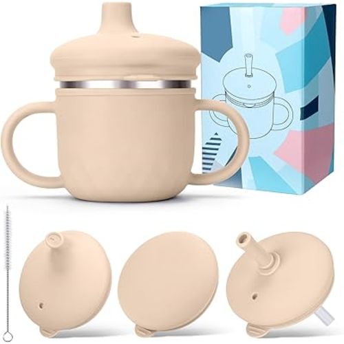 BUSOHA Stainless Steel Toddler Sippy Cup – 8oz Spill-Proof Straw Cup for 6+ Month Babies & Toddlers, 3-in-1 Reusable Travel Cup with Brush – Dishwasher Safe, Kids Drinking Cup,Beige