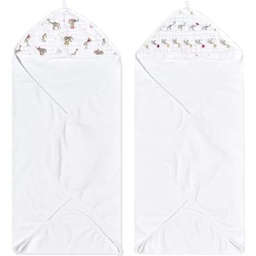 aden + anais Essentials Hooded Baby Bath Towel, Super Soft 100% Cotton, 2 Pack, Elephant Circus