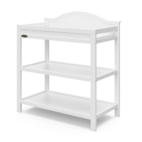 Graco Story Changing Table with Water-Resistant Pad – GREENGUARD Gold Certified Baby Changing Station with Safety Strap, 2 Open Shelves, and a Nursery Must-Have Design (White)
