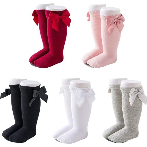 Baby Girls Knee High Socks Bow Tube Ruffled Knit Cotton Long Stockings for Infants and Toddlers 5 Pairs