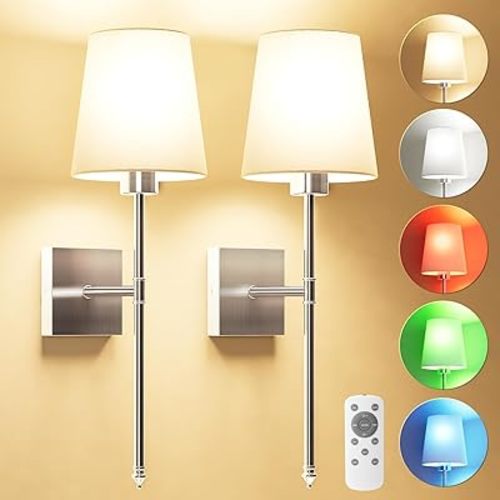 Battery Operated Wall Sconce Set of 2, Rechargeable Wall Lights with 5200 mAh Detachable Bulbs and Fabric Shade, 7 Color Dimmable Sconce Wall Decor for Bedroom, Living Room, Entryway (Silver)