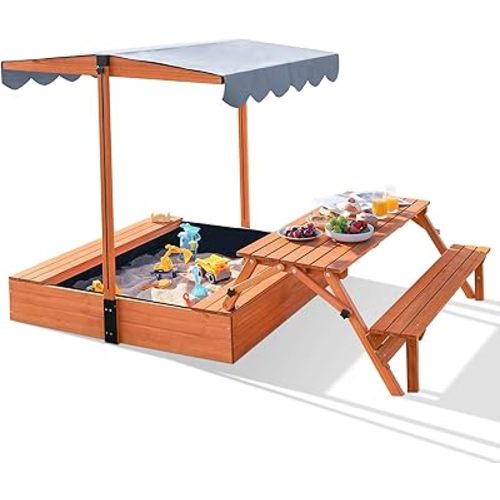 Wooden Sandbox with Lid Kids Sandbox with Cover Outdoor Sandpit Foldable Picnic Table Upgrade Canopy & Adjustable Height Roof Bottom Liner Included