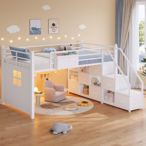 Twin Size Low Loft Bed with Stairs Cabinet＆Reading Nook, Night Light Kids Loft Bed, Kids Twin Beds with Handy Clothes Rail, Safety Guardrail, Under-Bed Play Space, White