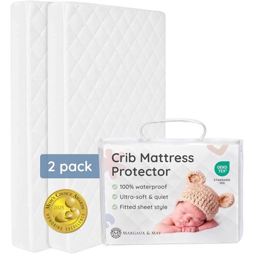 Margaux & May Crib Mattress Protector, 2 Pack – 100% Waterproof Baby Crib Mattress Protector Pad, Highly Absorbent Quilted Cover, Oeko-TEX® Certified, Noiseless, Fitted 28" x 52" Standard Crib Fit