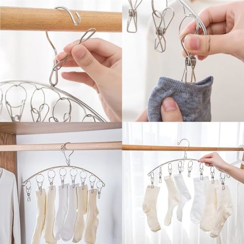 Stainless Steel Laundry Drying Rack Clothes Hanger with Windproof Hook,Underwear Hanger,Clothes Hangers with 8 Clips for Drying Socks,Diapers,Baby Clothes (3 Pack)