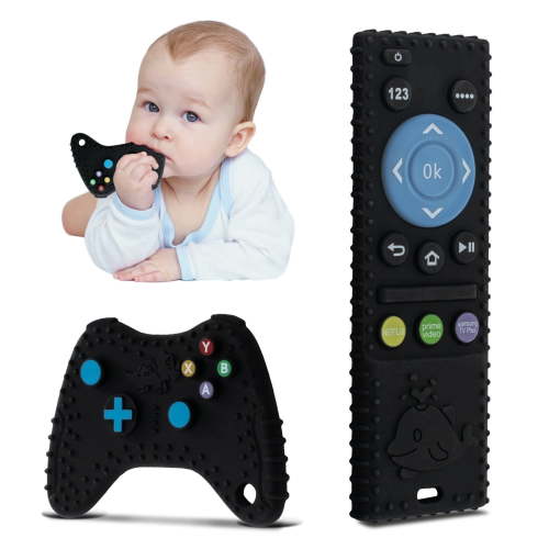 Baby Teething Toys, 2 Pcs Silicone Teething Toys for 3-6 month 6-12 Months - Sensory Toy Chew Toys Educational Toys for Toddler, Remote Control and Game Controller Teething Toys Set - Black