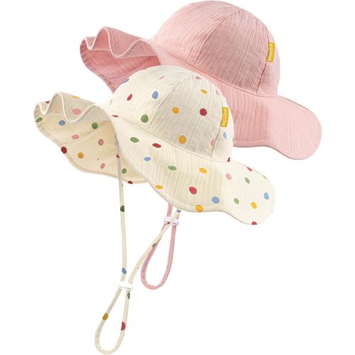 HONGTEYA Baby Sun Hat Muslin Wide Brim Toddler Girl Beach Bucket Hat | Soft Breathable 100% Cotton With UPF 50+, Adjustable Chin Strap Stays in Wind, Lightweight For Beach & Travel