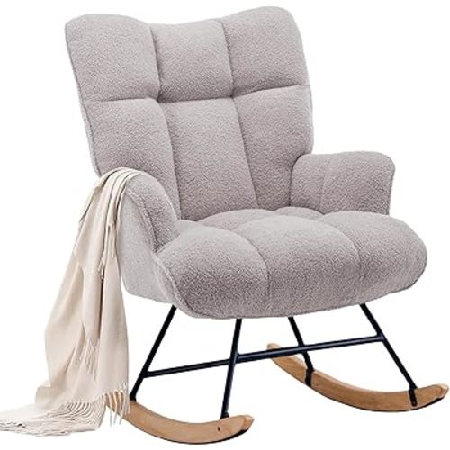 Rocking Chair Nursery Teddy Upholstered Glider Rocker Rocking Accent Chair Padded Seat with High Backrest Armchair Comfy Side Chair for Living Room Bedroom Offices (Grey Teddy)