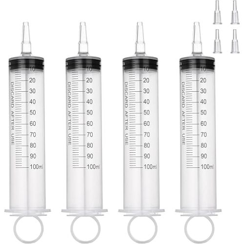 4 Pack 100mL Syringes, Large Plastic Syringe with Tip Adapter for Liquid, Dispensing, Watering, Scientific Labs,Measuring,Refilling