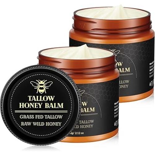 Beef Tallow for Skin, Tallow and Honey Balm, Organic Grass-Fed Tallow Balm & Raw Wild Honey for Face and Body Moisturizer (2PCS)