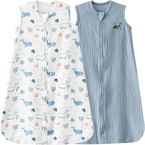 david's kids Muslin Cotton Baby Sleep Sack 0-6 Months, 2 Pack 100% Cotton Sleeping Bag for Summer, TOG 0.5 Baby Wearable Blankets with 2-Way Zipper, Soft Sleep Sacks for Newborn Infant, Whale