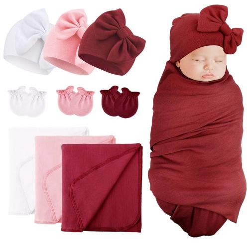 DRESHOW BQUBO Newborn Receiving Blanket Bow Hat Gloves Set Cotton Warm Baby Swaddle Blanket Wrap Baby Sleep Sack Shower Gift