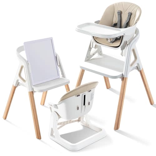 Baby High Chair, Babies and Toddlers Convertible Slim High Chair with 6 Growing Stages from Infant to Toddler Seating with Removable Tray, Easy to Clean,Beige Cushion