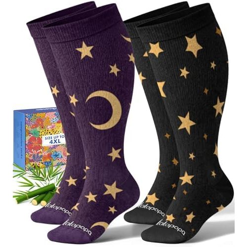 Bamboo Wide Calf Compression Socks for Women Men - 2 Pair 15-20 mmHg
