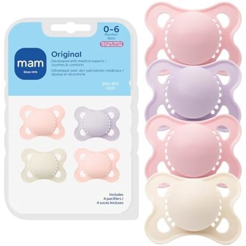 MAM Original Baby Pacifier 0-6 Mths, Skin Soft Silicone Nipple, 4 Pack