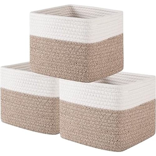 OIAHOMY 9”x9”x7” Storage Cubes, Cotton Rope Woven Baskets for Organizing, Cube Storage Bin, Small Gift Basket for Shelf, 3-Pack, Brown&White