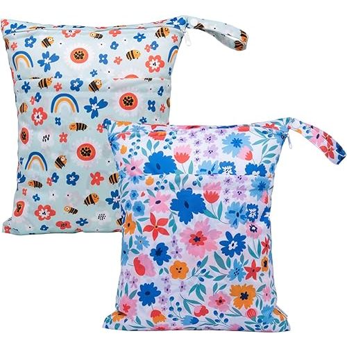 ALVABABY 2pcs Cloth Diaper Wet Dry Bags Waterproof Reusable with Two Zippered Pockets Travel Beach Pool Daycare Soiled Baby Items Yoga Gym Bag for Swimsuits or Wet Clothes LX-YX8688